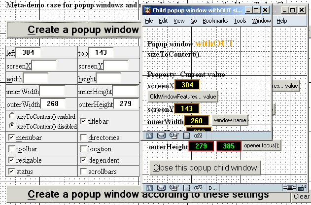 Comparison of 2 popup windows: one has been resized by the sizeToContent() method, the other has not